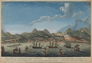 Ansicht von Roseau auf der Insel Dominica, mit dem Angriff von 1760 durch Lord Rollo (1703-65) und Sir James Douglas (1703-87), graviert von Benazech, veröffentlicht 1761